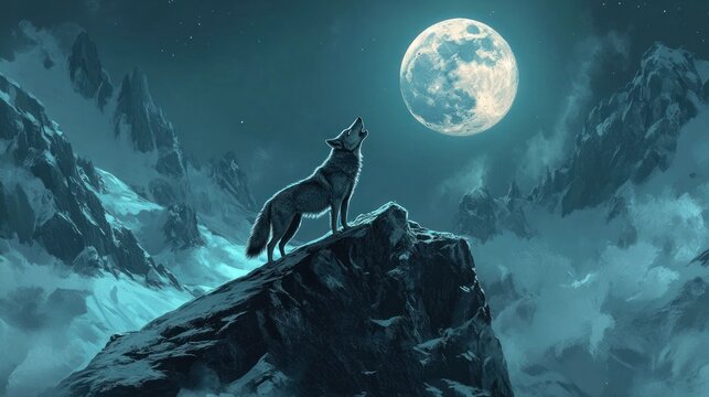 Majestic wolf howling at the moon,  on a snowy mountain peak at night