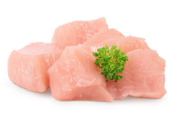 Raw diced chicken fillet isolated on white background with full depth of field.