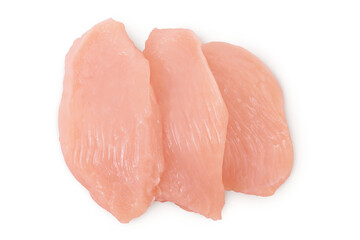 Raw chicken, fillet, isolated on white background. Top view. Flat lay