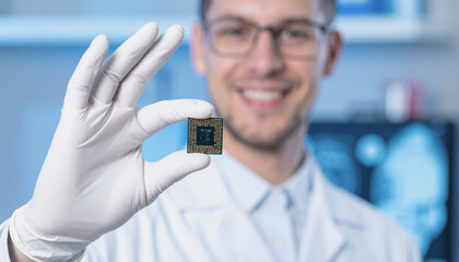  Scientist Holding Microchip in Sterile Laboratory Environment