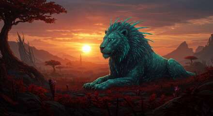 Naklejka premium Fantasy Lion Resting in Alien Landscape with Sunset and Two Moons