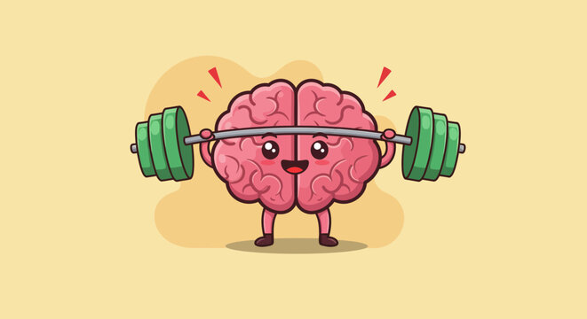 A Cartoon Brain Lifting Weights Exemplifying Mental Strength