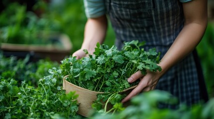 Freshly harvested cilantro in hands