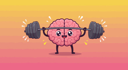Brain Power A Pink Brain Lifting Weights on a Gradient Background
