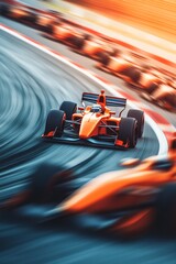 Orange race car speeds around a curve, other cars blurred in motion.