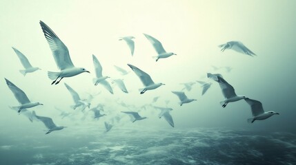 Foggy Flight A Flock of Seagulls Over the Sea