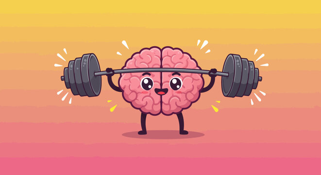 Brain Power A Pink Brain Lifting Weights on a Gradient Background