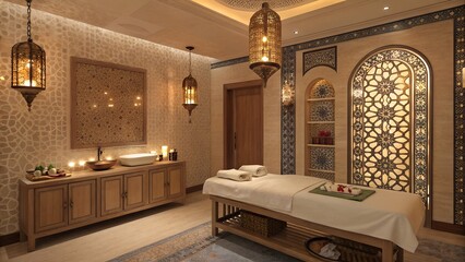 A Turkish-style massage room with one bed, lanterns and mosaic walls. A table with massage preparations is nearby.