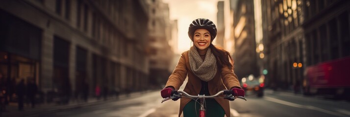 Smiling woman cycling in city at sunset