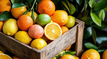 Fresh citrus fruits in wooden crate