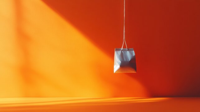 Tea bag with string hanging loosely on a vibrant orange background, minimalistic look 