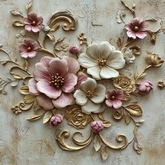 Elegant Floral Design with Cream and Pink Flowers and Gold Accents