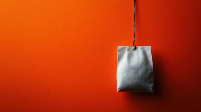 Tea bag with string hanging loosely on a vibrant orange background, minimalistic look 