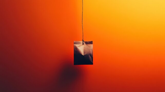 Tea bag with string hanging loosely on a vibrant orange background, minimalistic look