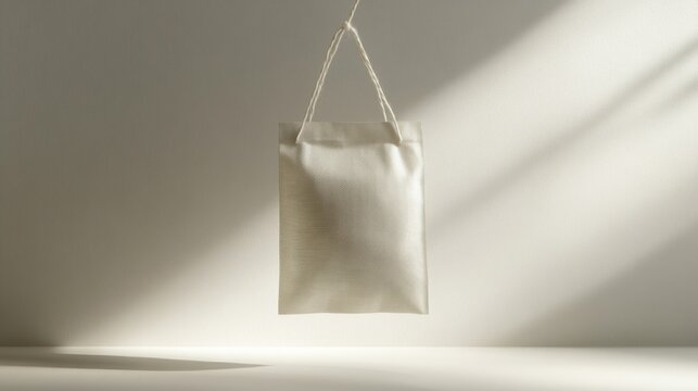 Tea bag with string hanging loosely, on a soft white background, subtle shadows highlighting its form 