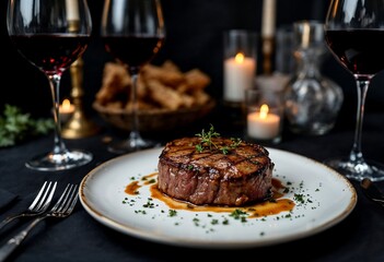 Gourmet Steak Dinner: Savor the decadence of a perfectly cooked steak, paired with fine wine and set against a romantic backdrop, celebrating culinary excellence and the art of fine dining.