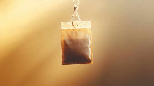 Tea bag with string and label, floating on a soft yellow background, with gentle lighting 