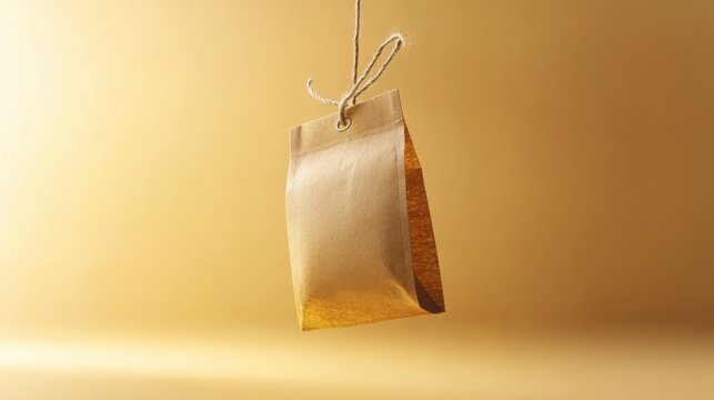 Tea bag with string and label, floating on a soft yellow background, with gentle lighting 