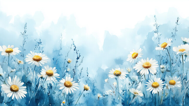 Field of white daisies blooming under a bright blue sky watercolor background with copy space on the middle.