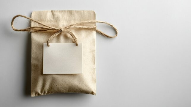 Tea bag with string and label against a clean white background, focus on detail and simplicity 