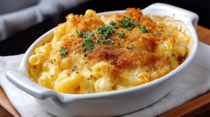 Golden baked macaroni and cheese with crispy topping in white ceramic dish