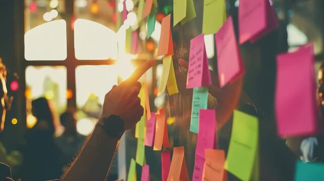 Creative Workspace with Colorful Notes and Person Engaged in Planning