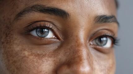 Naklejka premium Close-up of african female adult with freckled skin and blue eyes