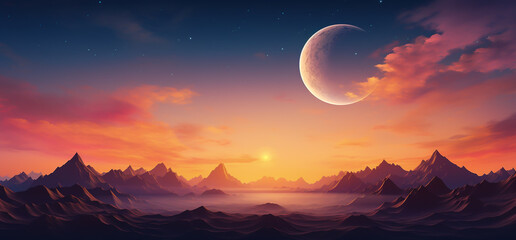 Fototapeta premium Crescent moon in the sky at sunset with a copy space banner background for Ramadan, Eid al-Fitr, and other Islamic holidays