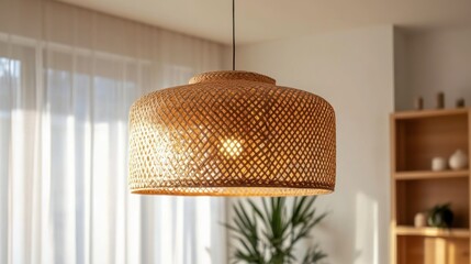 Beige woven bamboo pendant light in a modern minimalist home