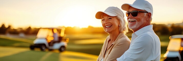 Happy senior couple smiles on golf course at sunset.