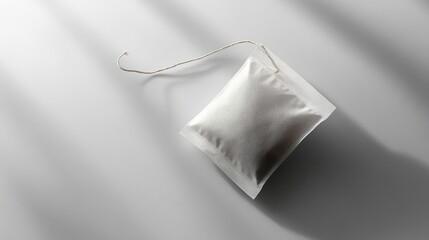 Tea bag resting on a smooth, light grey background with a soft drop shadow for depth