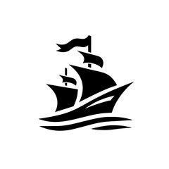 Minimalist Sailing Ship Logo Icon - Classic Black Vessel on Waves Emblem