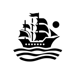 Stylized Black Silhouette Icon of Vintage Sailing Ship on Waves - Simple Nautical Graphic
