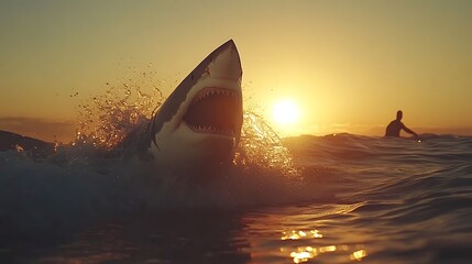 Fototapeta premium Great white shark attacks a surfer at sunset, ocean, powerful predator, wildlife, danger