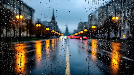 Raindrop on a window merging city atmosphere and rain pattern concept. Rainy city street with vibrant reflections and moody atmosphere.