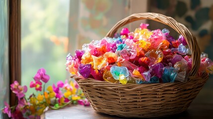 Obraz premium An artisan basket packed with colorful plastic packaging, set in a vintage-styled home