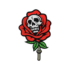 Skull and Red Rose Vector Illustration, Gothic Floral Tattoo Art, Dark Romantic Design Element, Death and Beauty Concept

