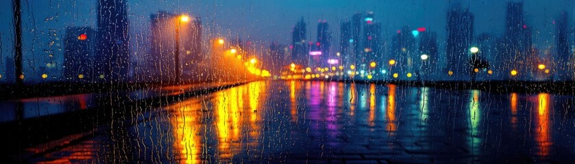 Fototapeta premium Raindrop on a window merging city atmosphere and rain pattern concept. A vibrant city skyline illuminated by colorful lights at night.