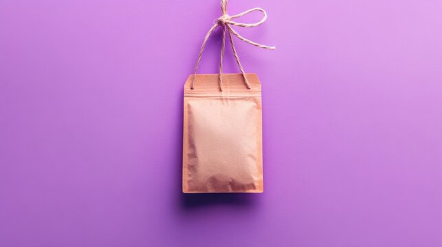 Tea bag placed on a soft pastel purple background, with the string and tag slightly curved