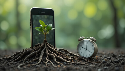 Naklejka premium a phone with a tree growing out of the ground next to a clock