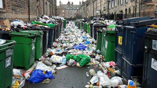 Urban alley with overflowing trash bins and litter scattered across the street in a city environment