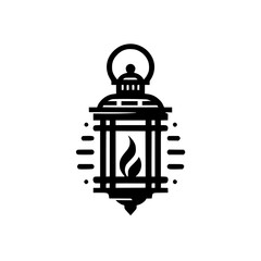 Minimalist Black Icon of Hanging Lantern with Flame, Graphic Simple Light Symbol Illustration