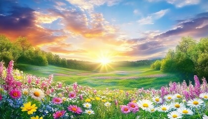 Fototapeta premium Sunlit meadow with flowers, trees, and cloudy sky at sunrise.