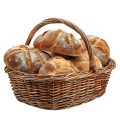 Collection of Fresh Artisan Breads Arranged in a Natural Wicker Basket Isolated on Transparent Background