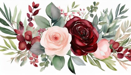 watercolor floral bouquet green leaves burgundy maroon scarlet pink peach blush white flowers leaf branches wedding invitations stationery wallpapers fashion prints eucalyptus olive rose peony
