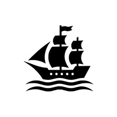 Classic Black Silhouette of a Sailing Ship on Waves - Minimal Nautical Icon