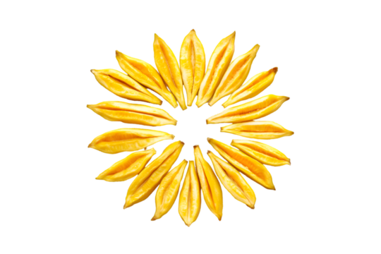 Star fruit slices arranged as a sunburst on black background - Powered by Adobe