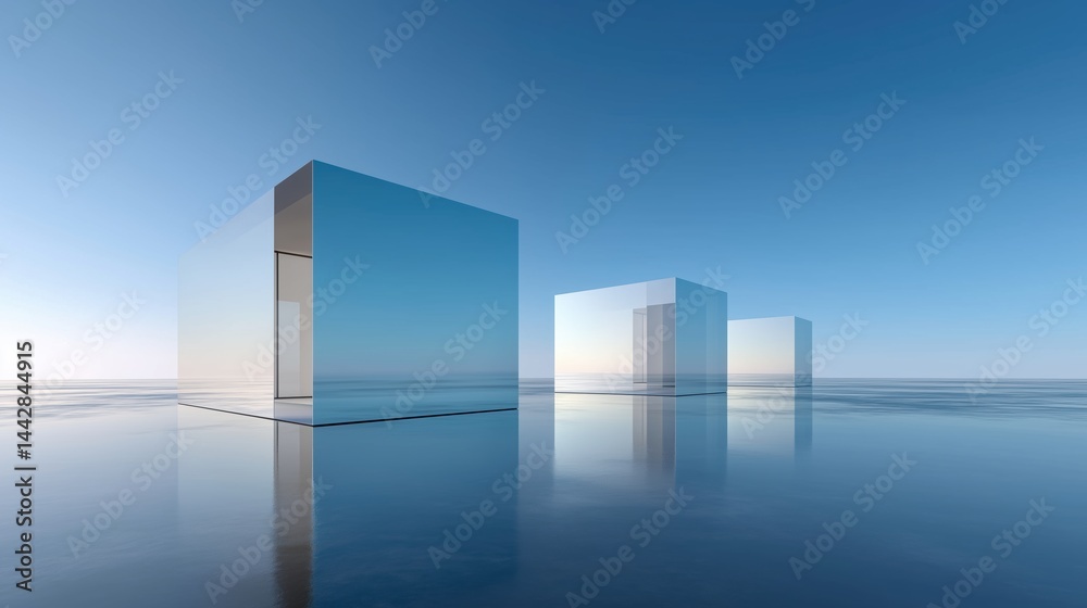 Poster abstract 3d rendered minimalist background with clear blue sky, empty concrete floor, and three whit