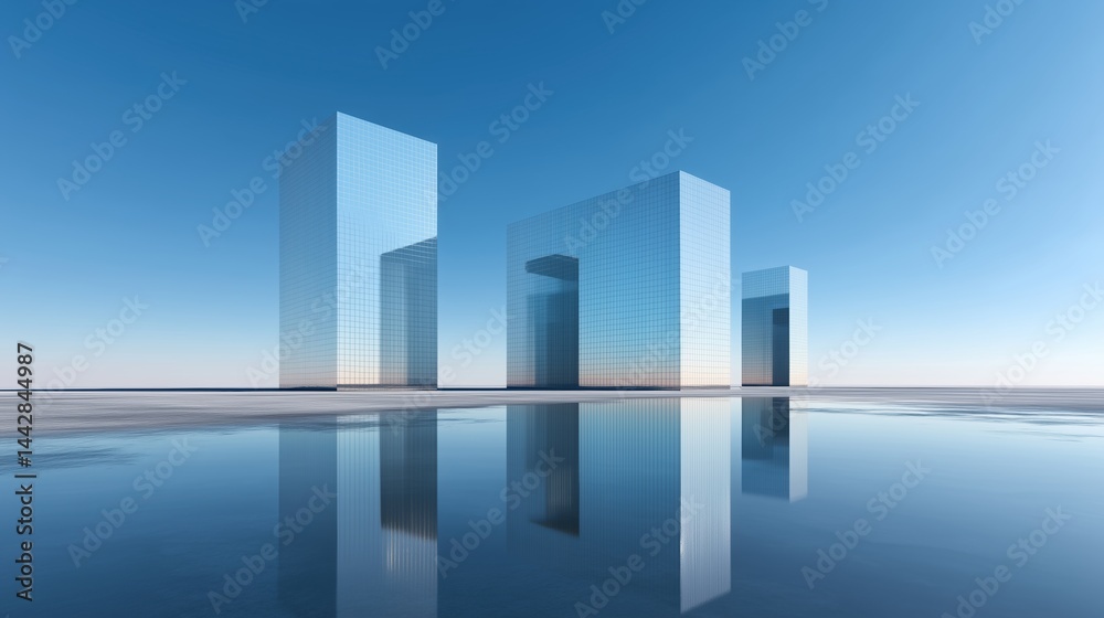 Aufkleber Abstract 3D Rendered Minimalist Background with Clear Blue Sky, Empty Concrete Floor, and Three White Mirrored Cube Buildings on Horizon for Product Presentation, Mockup, or Banner Design