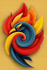 Stylized swirling bird design resembling paper cutouts in vibrant red, yellow, orange, and blue colors.